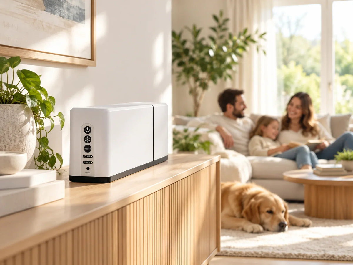 Biotica 800 on a wooden sideboard in a sunlit living room