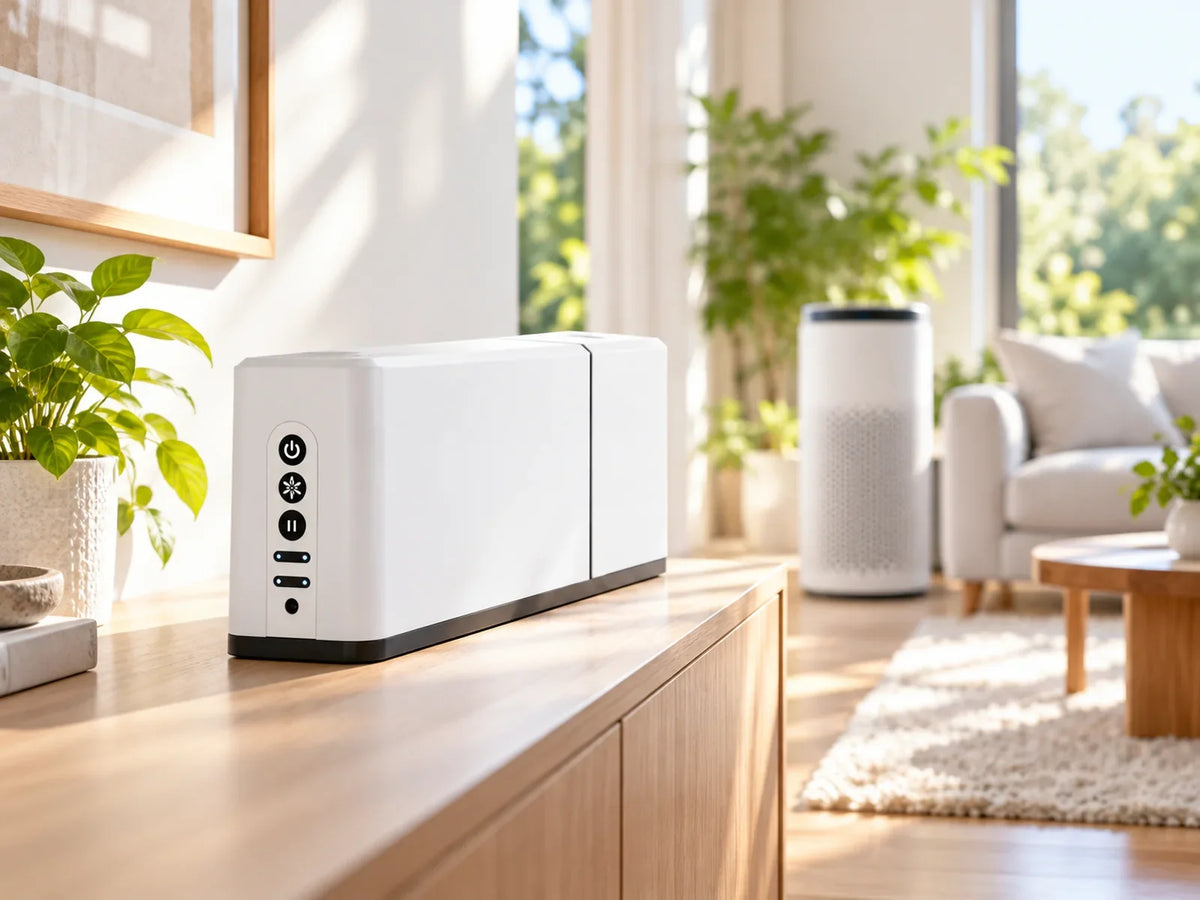 Biotica 800 in the foreground with a HEPA air purifier in the living room behind it