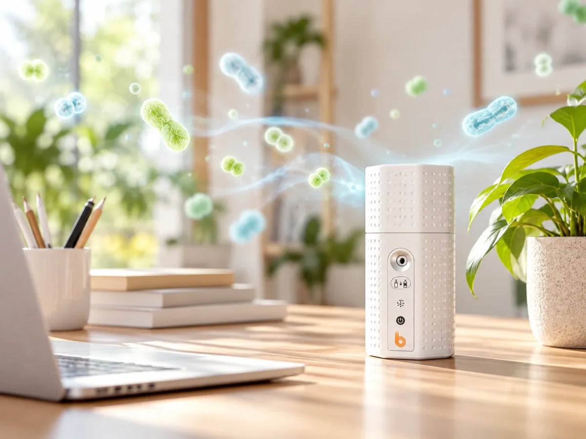 BioLogic Mini on a desk with illustrated probiotic bacteria in the air
