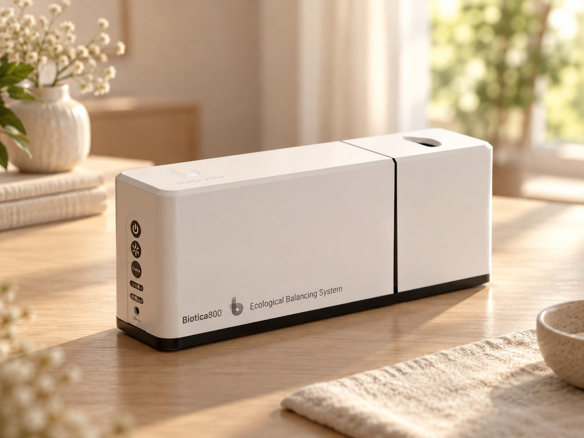 Biotica 800 probiotic device on a wooden table in a bright living room