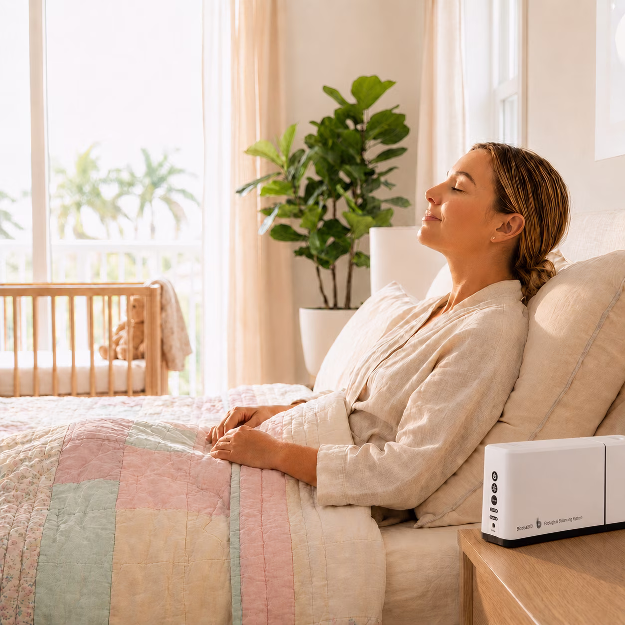 Woman sleeping peacefully with an EnviroBiotics device on the bedside table