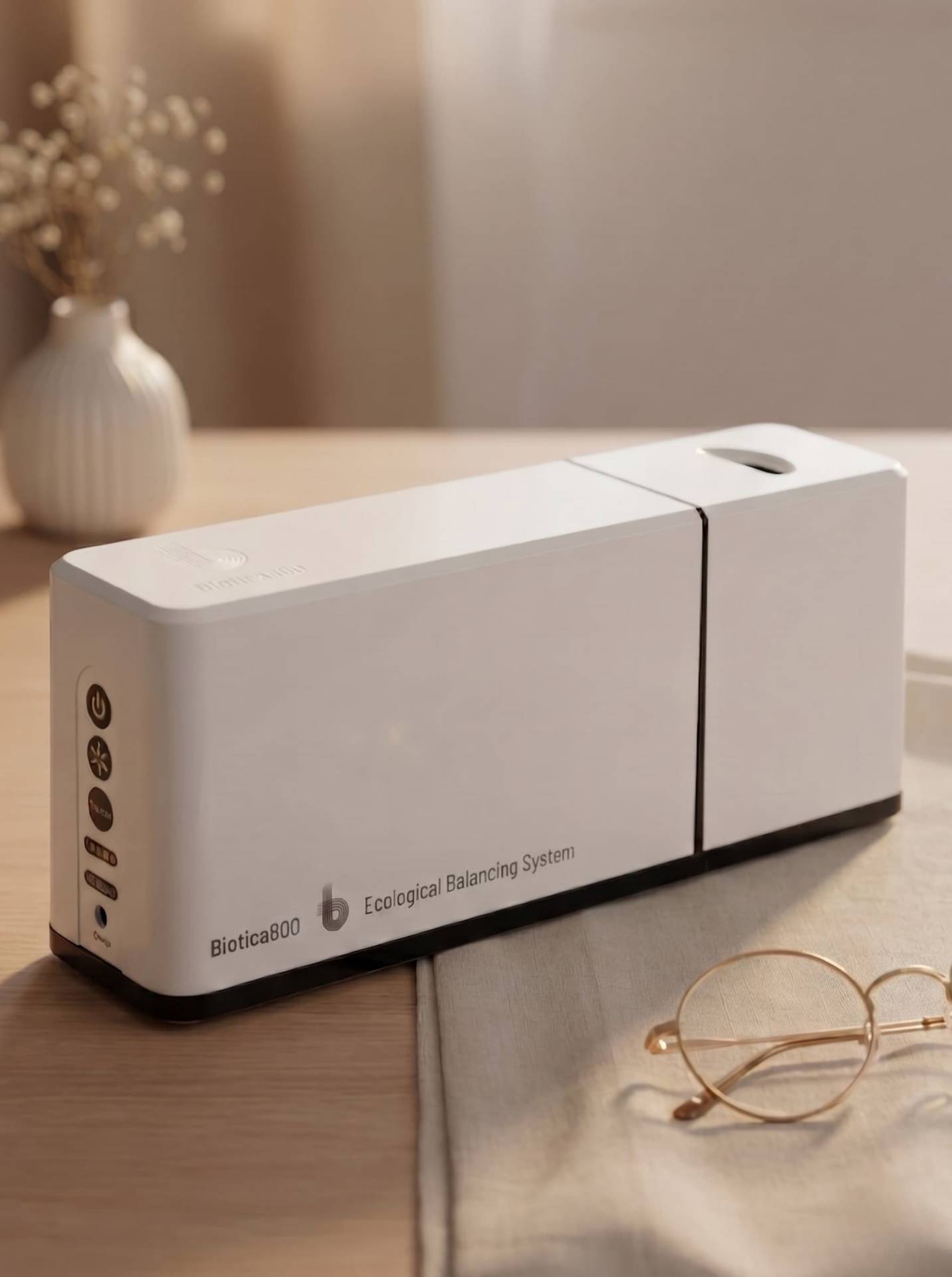 Biotica 800 ecological balancing system on a wooden table with reading glasses