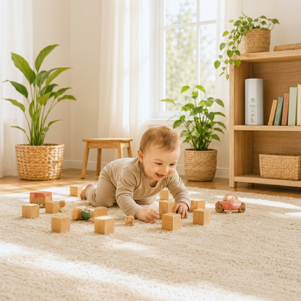 Mother holding her newborn in a calm nursery with an EnviroBiotics device nearby