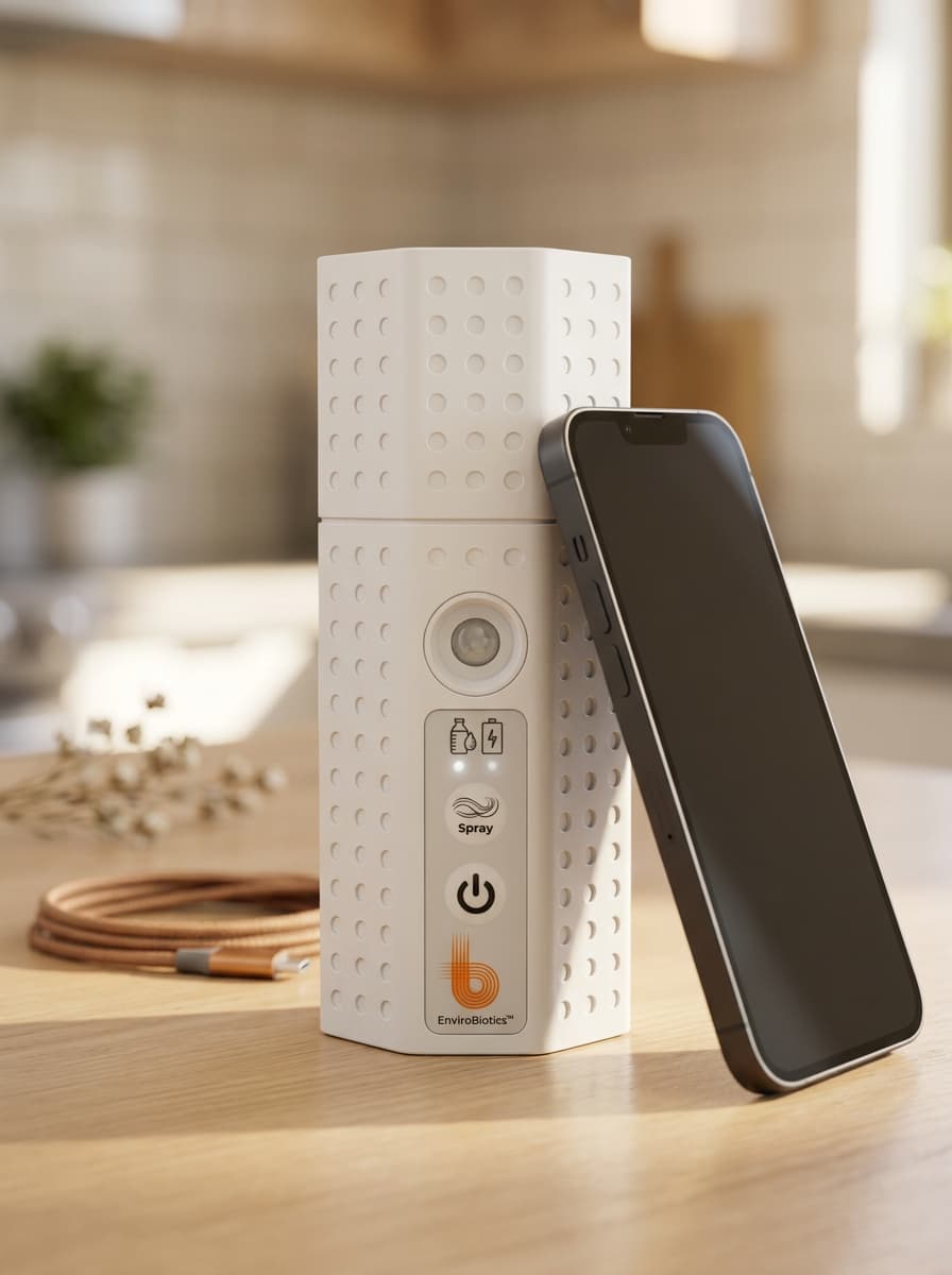 BioLogic Mini probiotic air purifier next to a phone on a wooden table