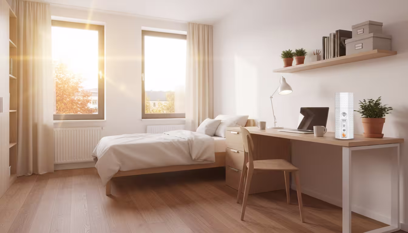 A bright, clean dorm bedroom