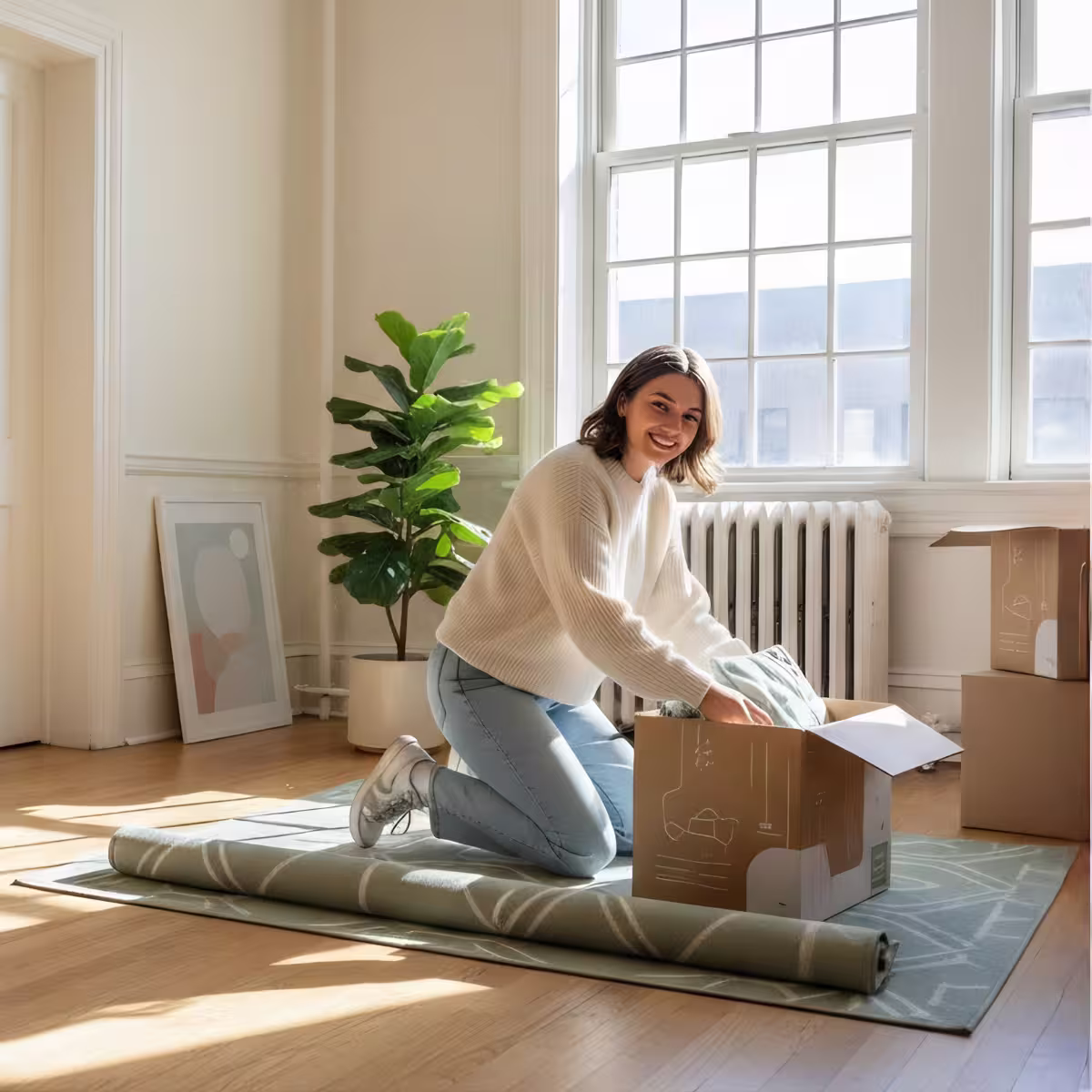 Student unpacking boxes in a sunlit dorm