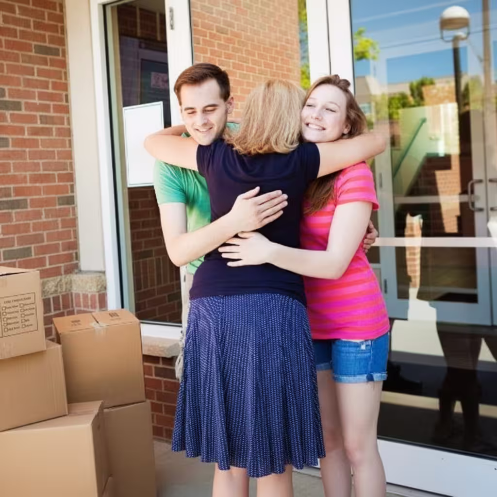 Family hugging on move-in day