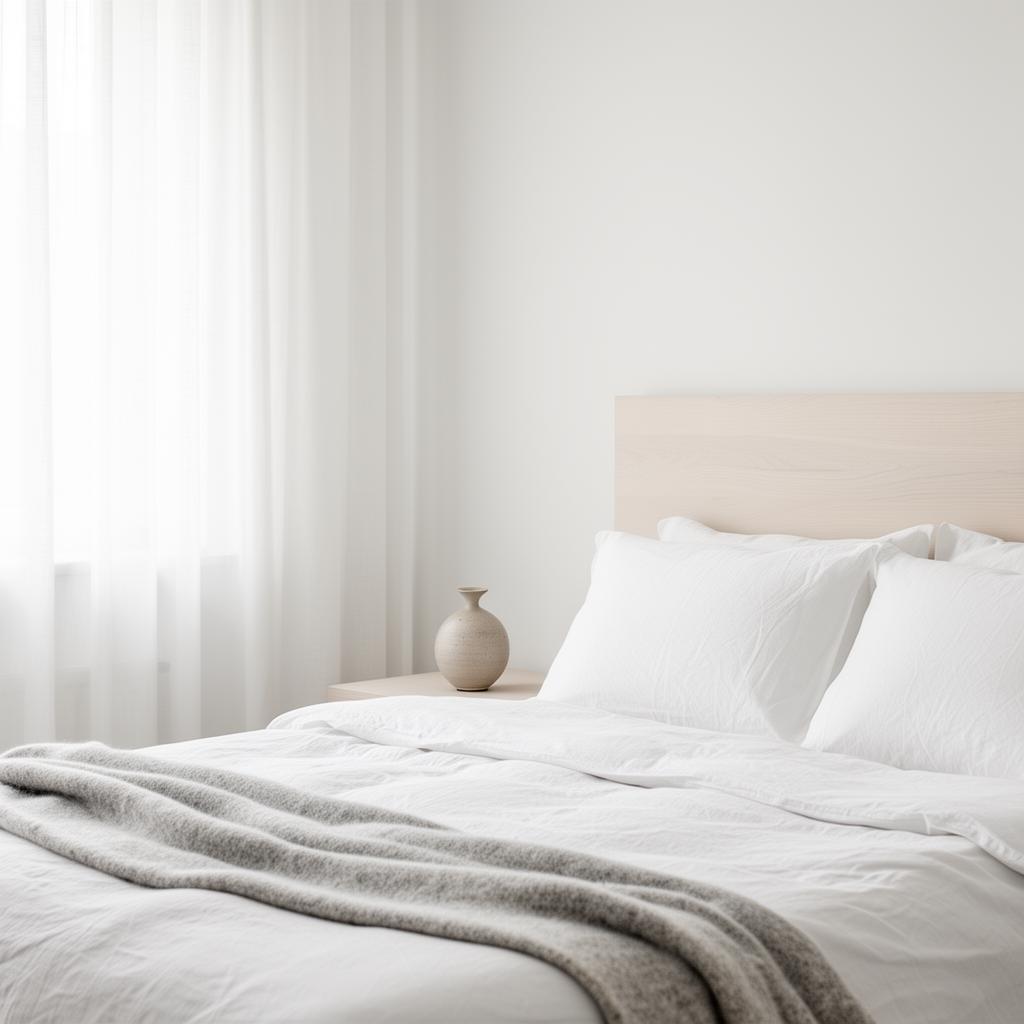 Sunlit minimalist bedroom with soft linen and a wool throw, where dust mite and pet dander allergens accumulate.