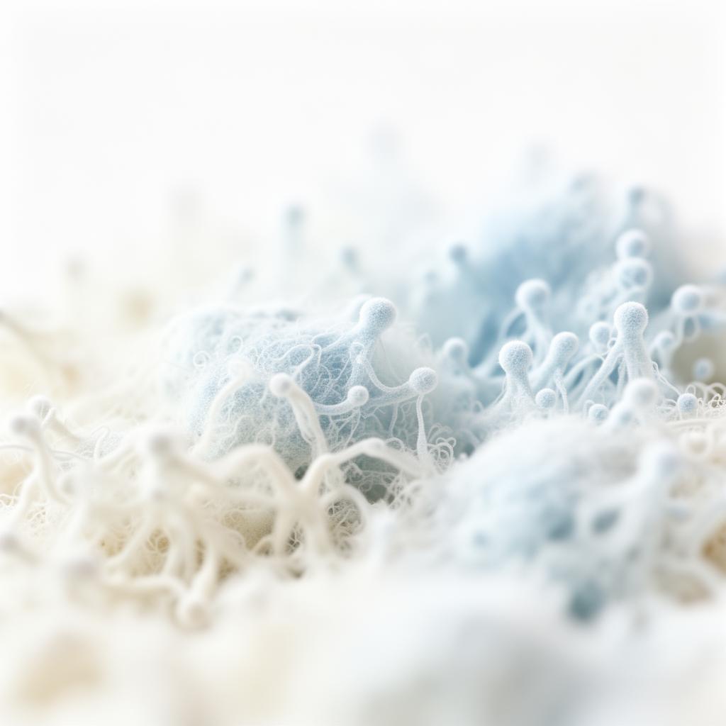 Macro abstract visualization of microbial cells suspended in warm light, the indoor microbiome rendered as art.