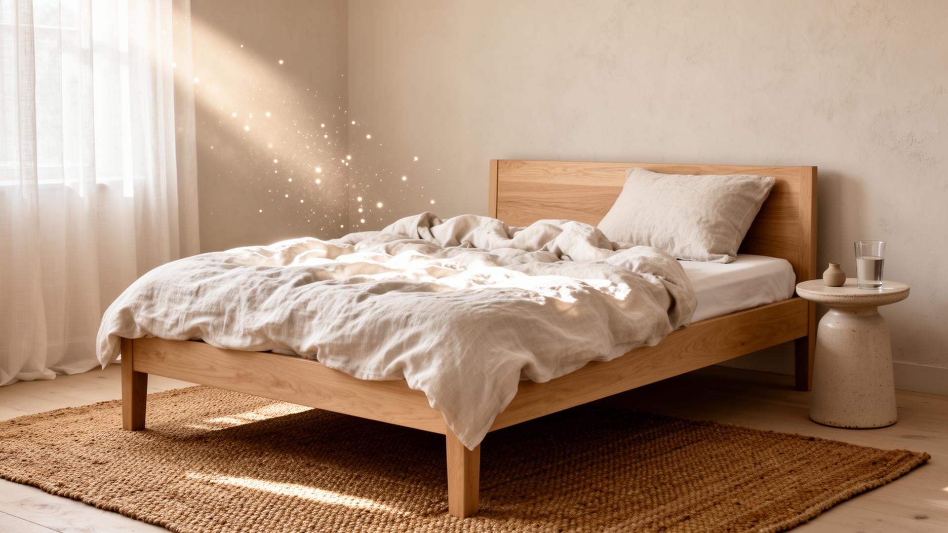 A calm Scandinavian bedroom with linen bedding and warm morning light