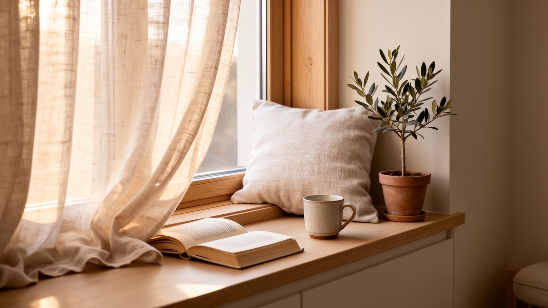 Linen curtain in soft Scandinavian morning light