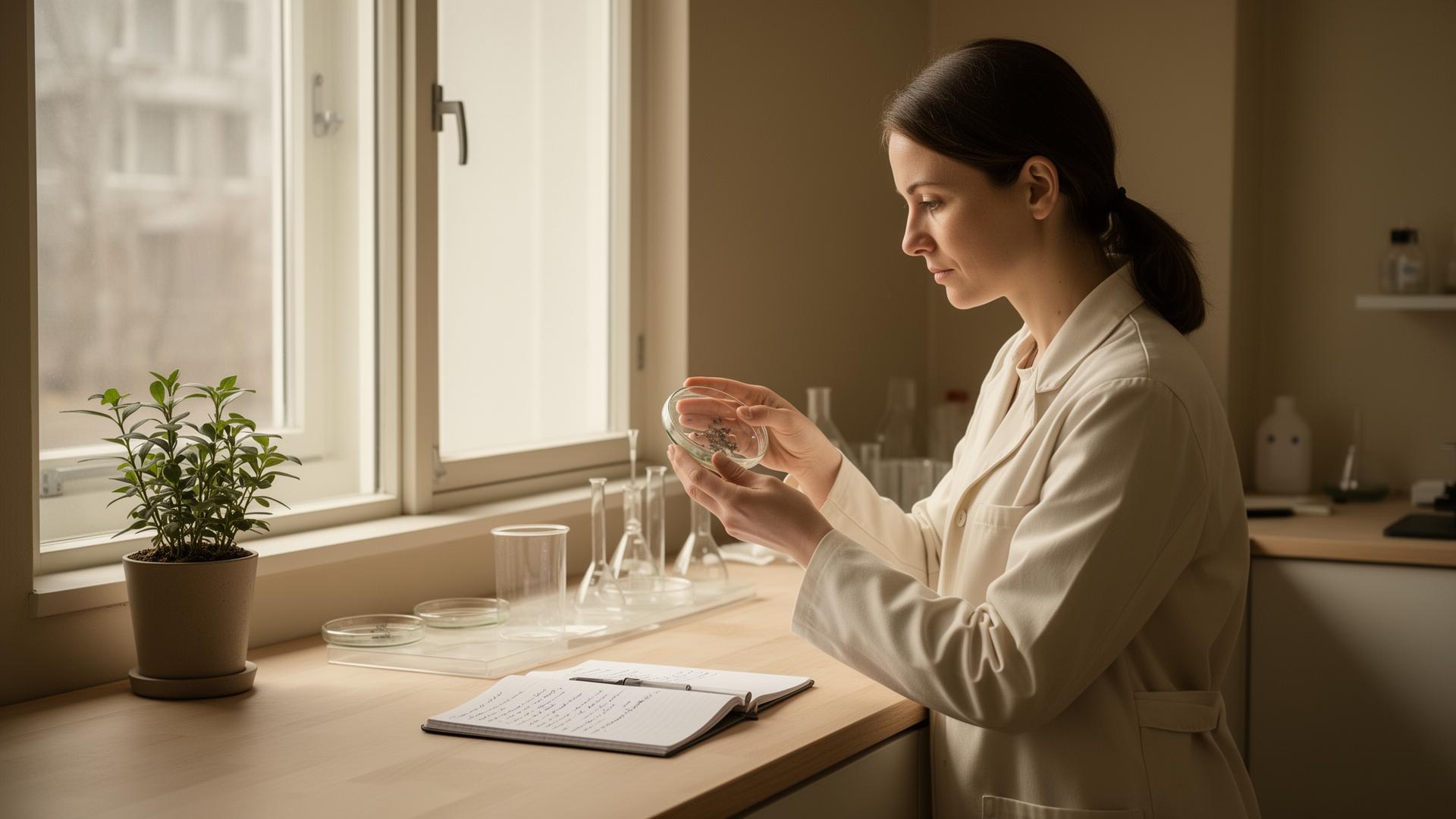 Scientist examining a sample in a calm Scandinavian lab