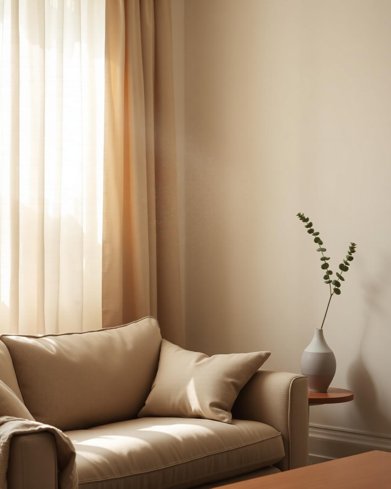 Sunlit living room with airborne dust catching the light