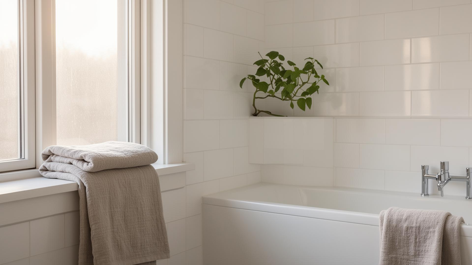 A clean Scandinavian bathroom in soft morning light
