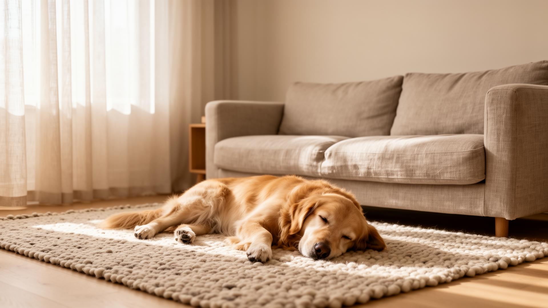 A golden retriever resting on a wool rug in soft morning light