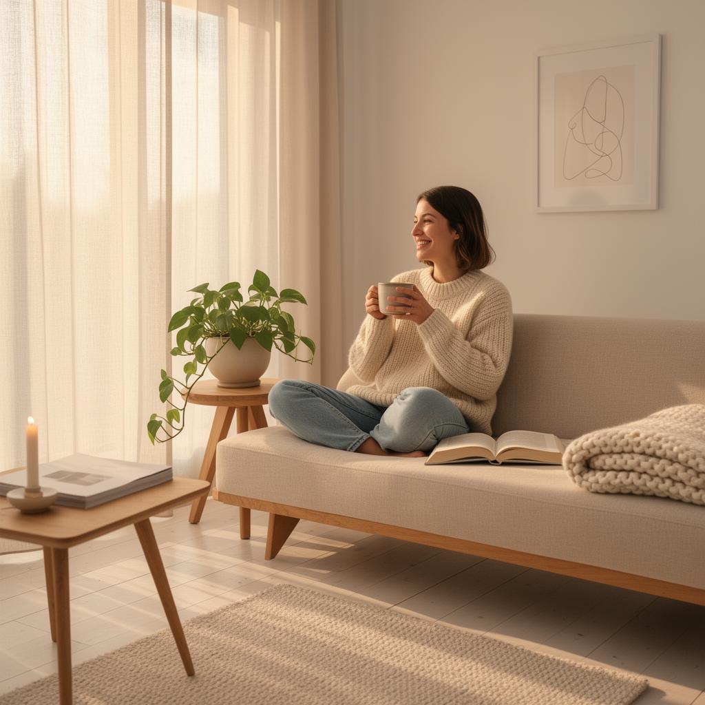 Woman relaxing with tea in a calm sunlit living room — a balanced, breathable space