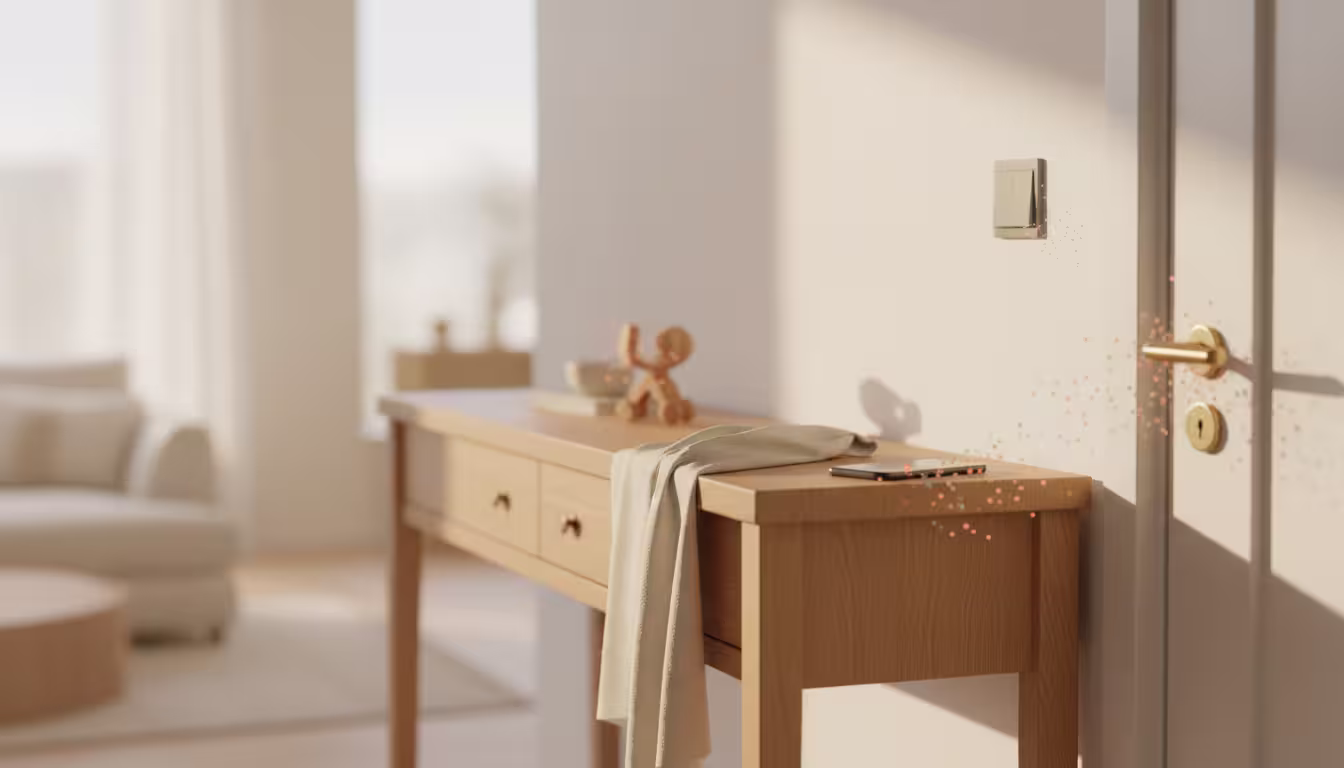 A serene room interior showing surfaces where allergens settle
