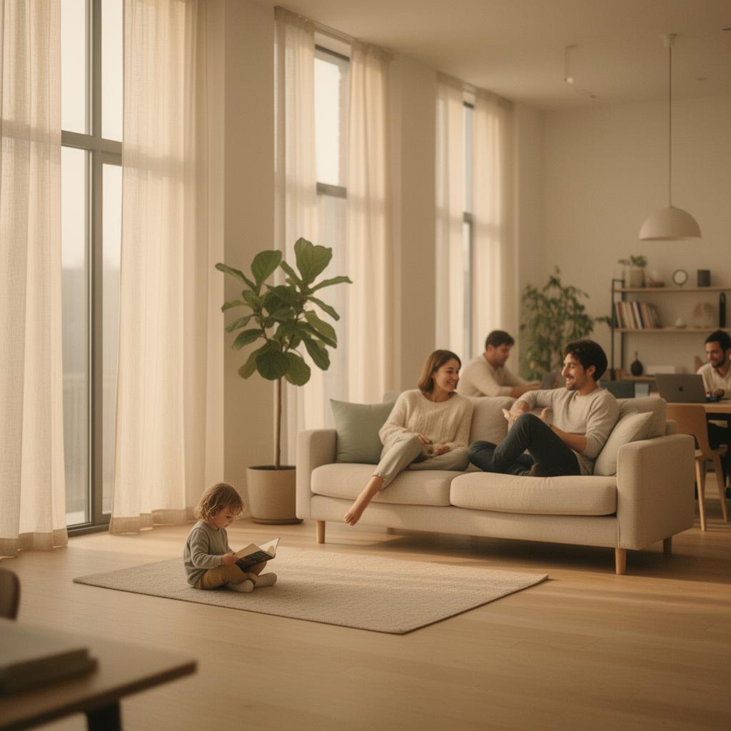 A family relaxing in a sunlit open-plan space that flows into a calm work area