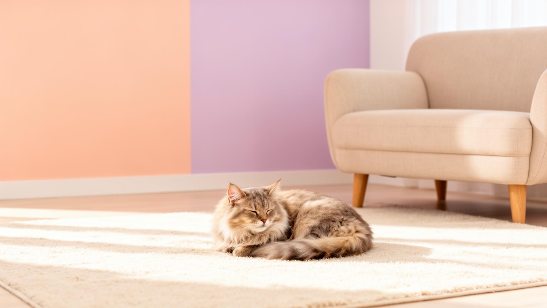 Cat curled on a cream rug in a soft pastel sunlit room