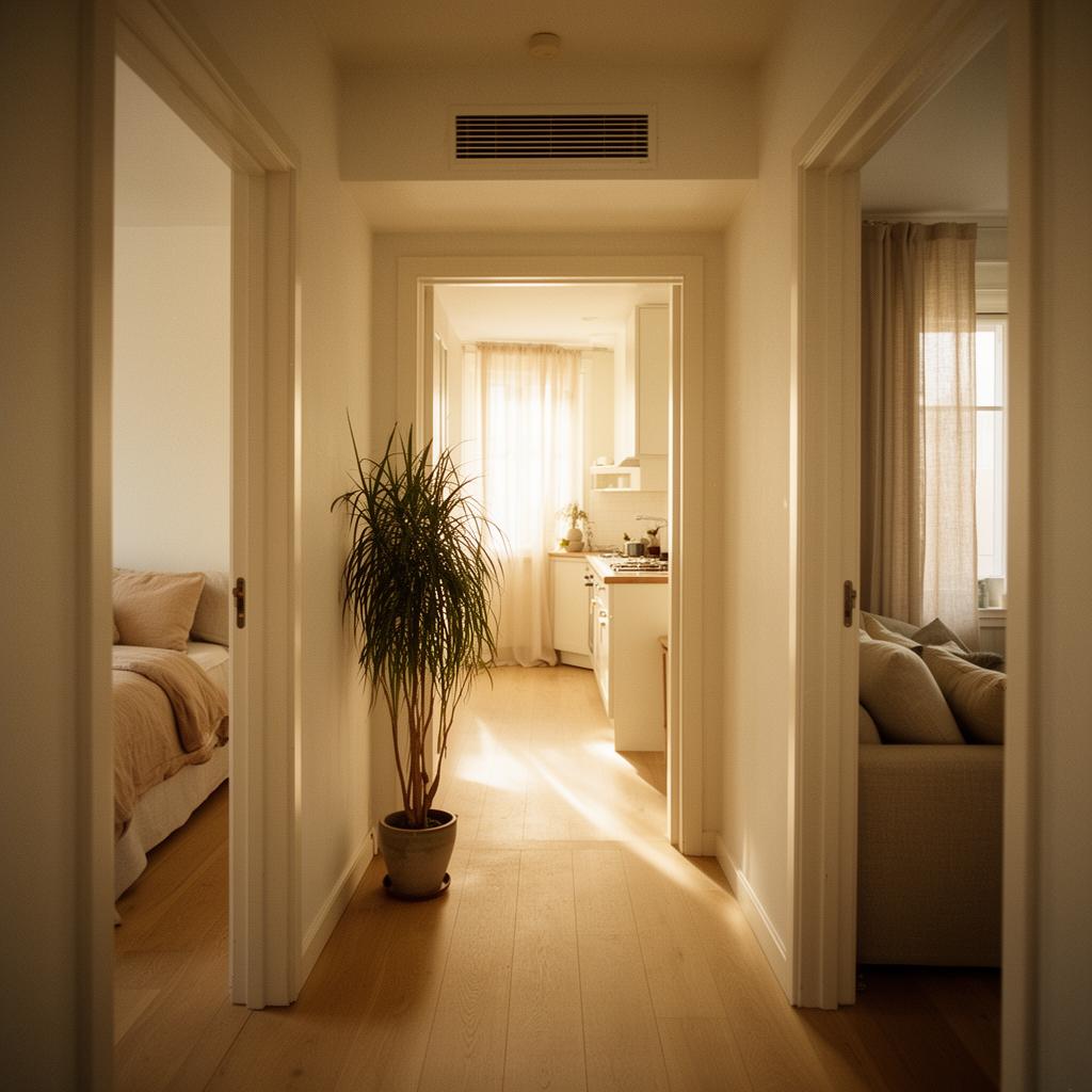 Sunlit hallway connecting bedroom, living room, and kitchen — air flowing through every room