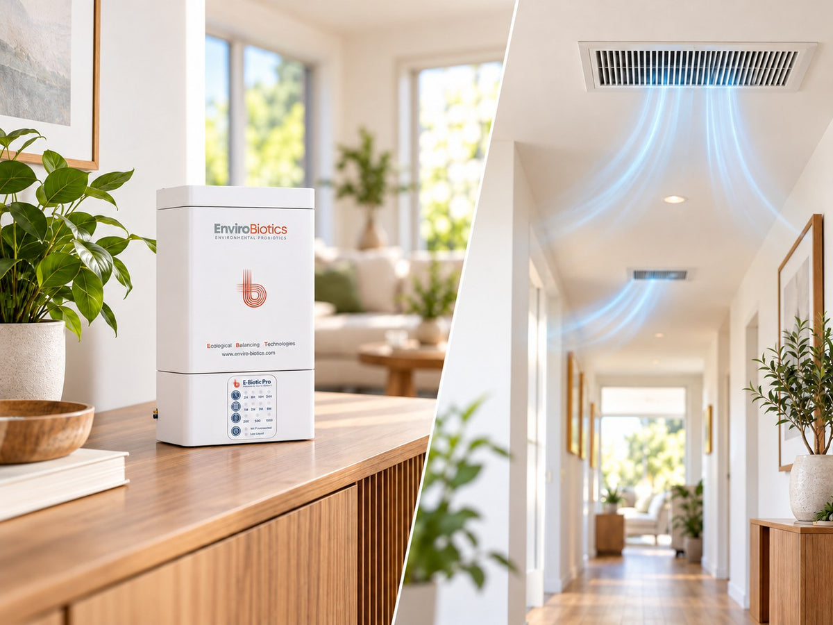 E-Biotic Pro unit on a sideboard and HVAC vents spreading probiotics through a hallway