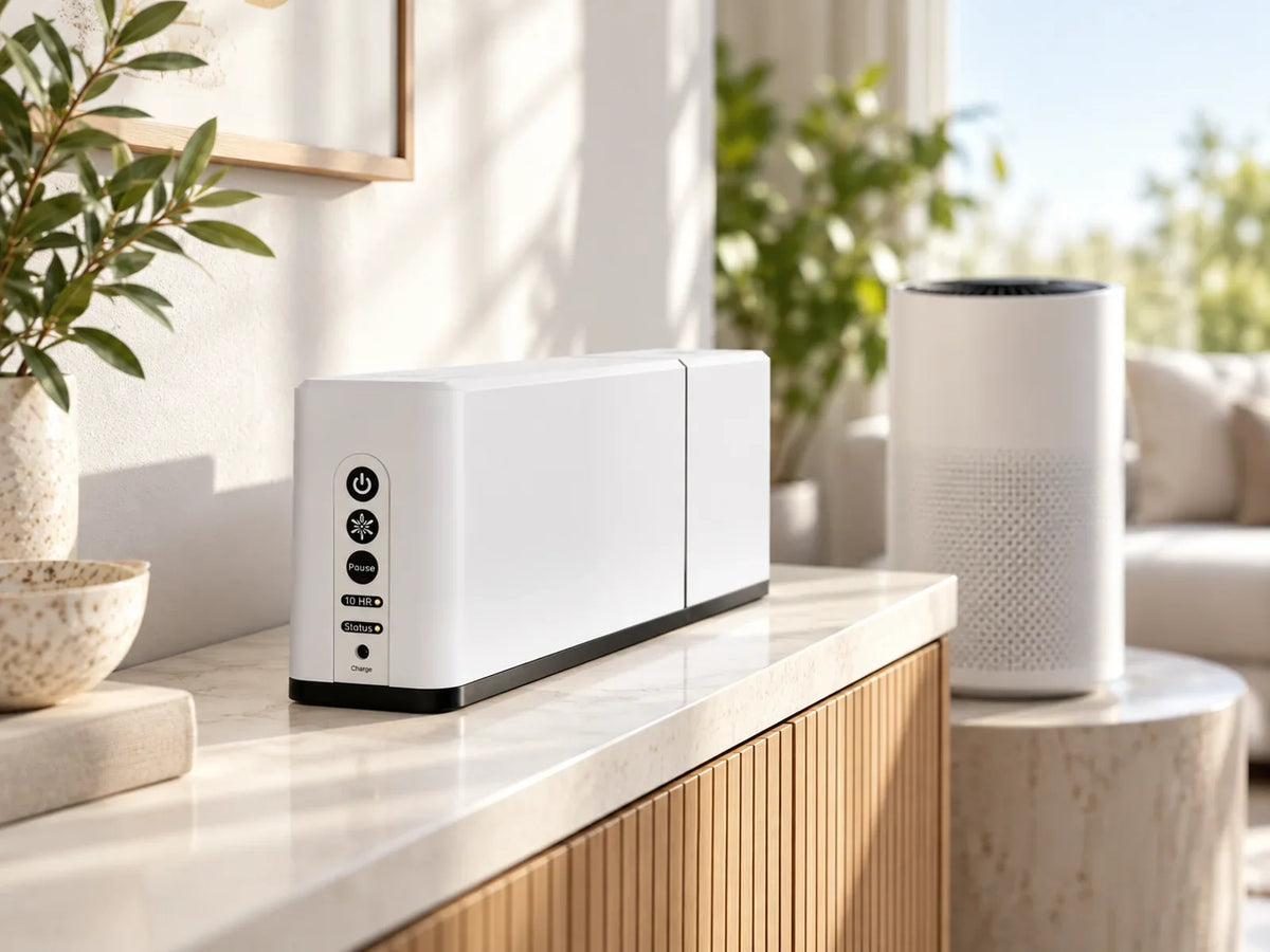Biotica 800 on a counter beside a cylindrical air purifier